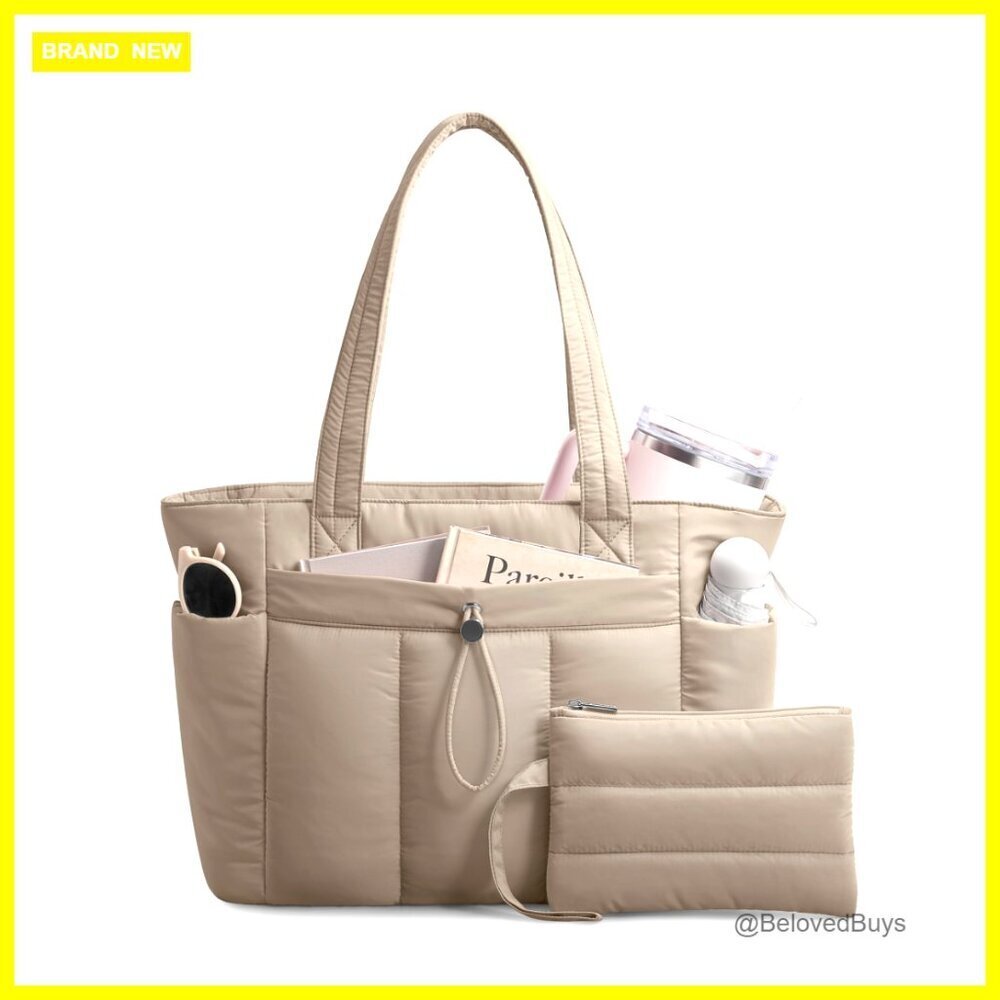 Puffy Tote Bag with Laptop Sleeve & Cup Holder, Travel Work Bag
